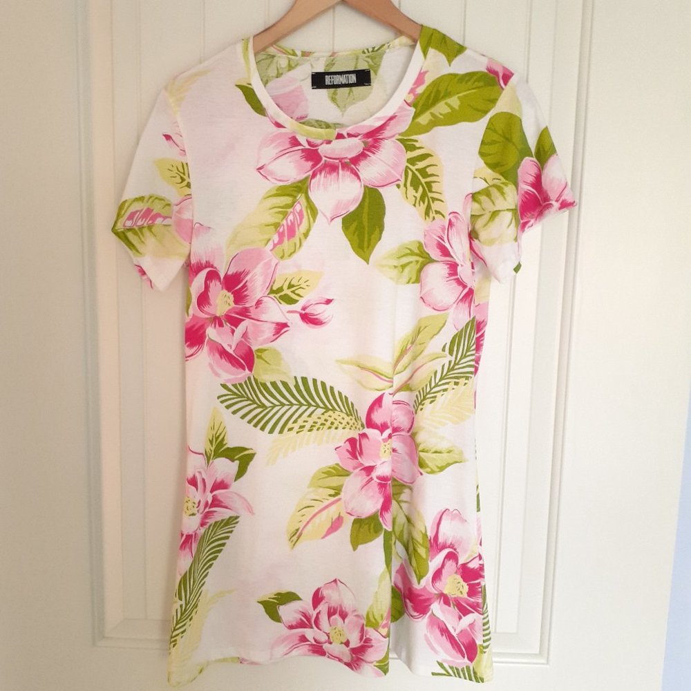 Reformation Tropical Floral Short Sleeve Tee White Pink Green Size S
